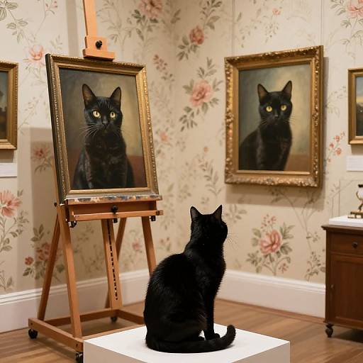 Photograph of a black cat sitting on a white pedestal, staring at its portrait on an easel in a floral-patterned room.