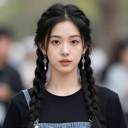 Photograph of a young Asian woman with long black hair in twin braids, wearing a black shirt and denim overalls, with dangling silver earrings,