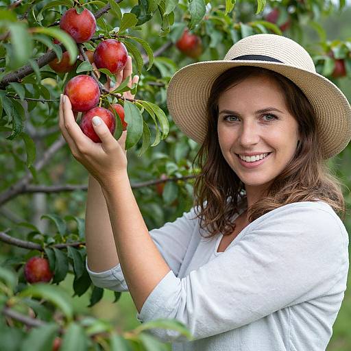 Woman Joyfully Picking Red Plums