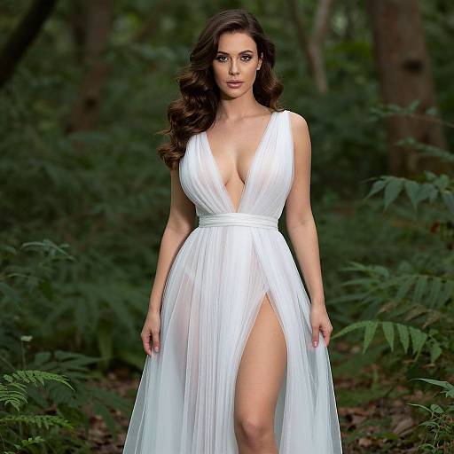 Photograph of a woman with wavy brown hair in a deep V-neck, white, pleated gown with a high slit, standing in a lush