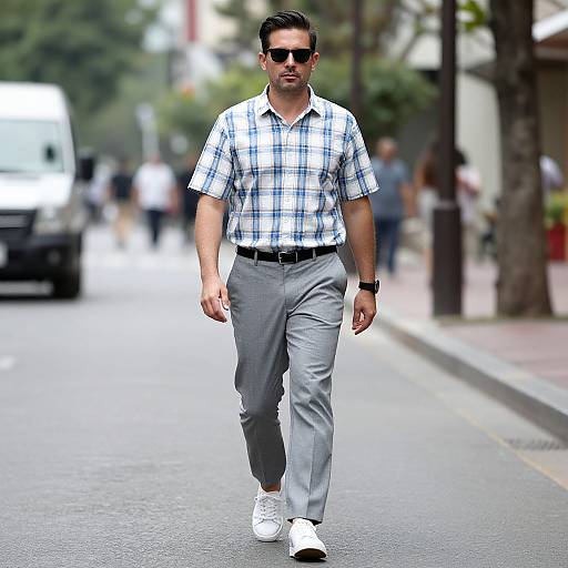Photograph of a stylish man walking down a city street, wearing a plaid shirt, gray pants, white sneakers, black belt, sunglasses, and