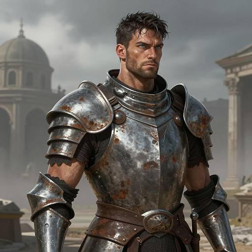 Heroic Warrior in a Foggy Ancient City