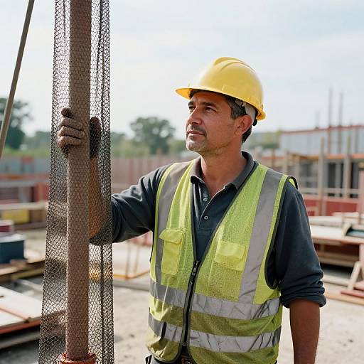 Photograph of a middle-aged man in a yellow hard hat and neon vest, holding a steel rebar on a construction site.