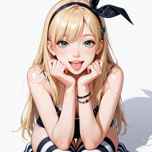 Blonde Girl in Striped Thighhighs