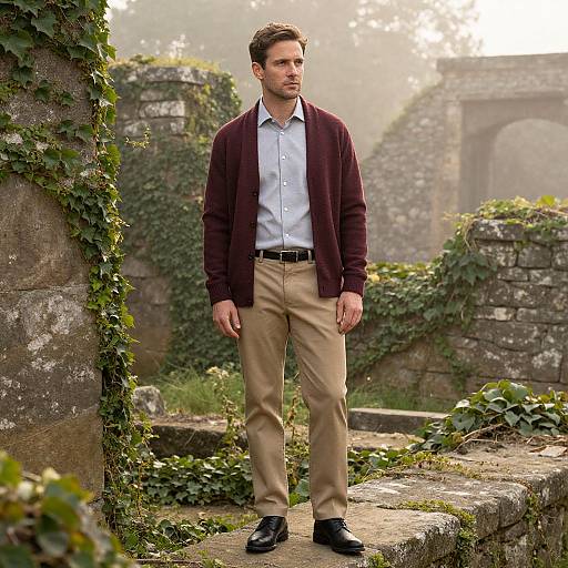 Photograph of a handsome man with short brown hair, wearing a maroon cardigan, white shirt, beige pants, and black shoes, standing in