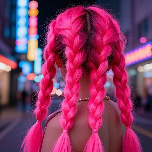 Photograph of a person with vibrant pink braided pigtails, back facing, in a neon-lit urban street at night.