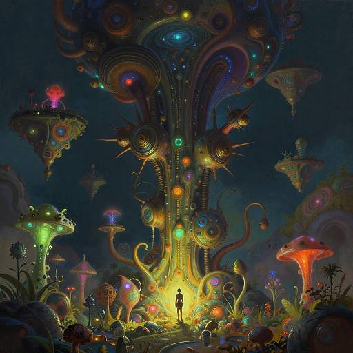Vibrant, surreal digital painting of a glowing, alien-like tree with colorful orbs and floating platforms, illuminated by a central yellow light, under a