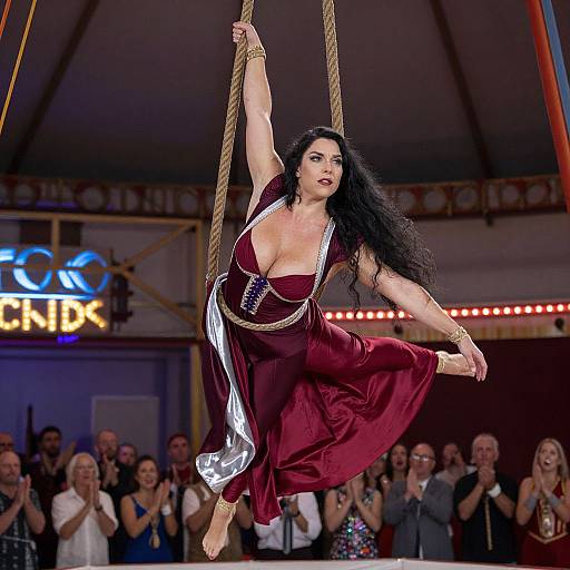 Photograph of a black-haired woman with large breasts in a deep red, low-cut, satin dress performing an aerial silks act in a circus tent