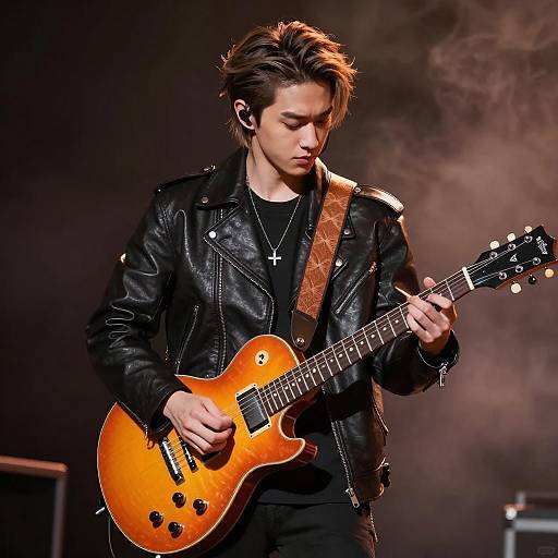 Young Man with Orange Guitar in Smoke