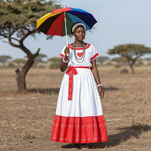 Photograph of an African woman with dark skin, wearing a white dress with red lace trim and heart-shaped red embroidery, holding a rainbow umbrella, standing