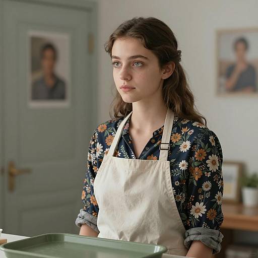 Young Woman in Floral Shirt and Apron