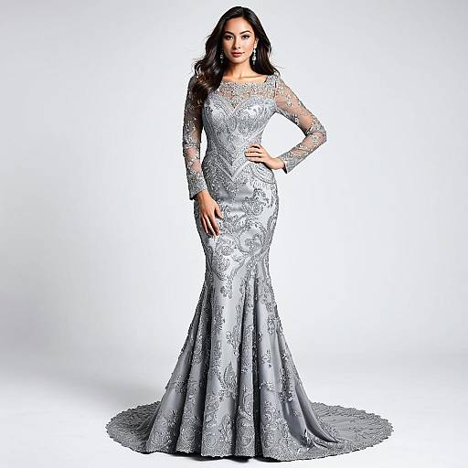 Elegant Silver-Gray Lace Evening Gown