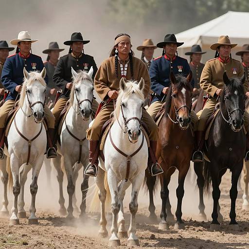 Native American and Soldiers on Horseback Historical Reenactment