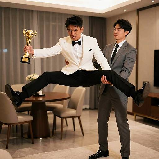 Dynamic Duo Celebrating in Living Room