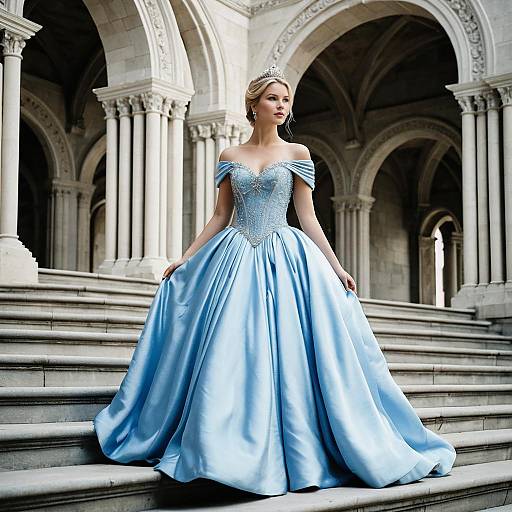 Woman in Cinderella Blue Ball Gown on Stone Steps