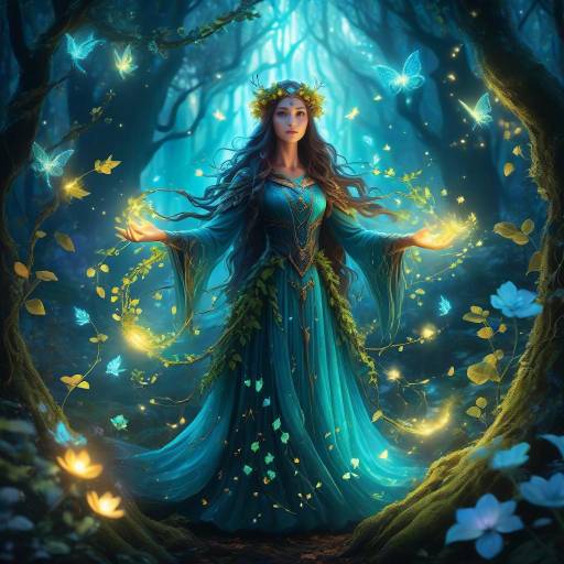 Enchanting Druid in Bioluminescent Forest