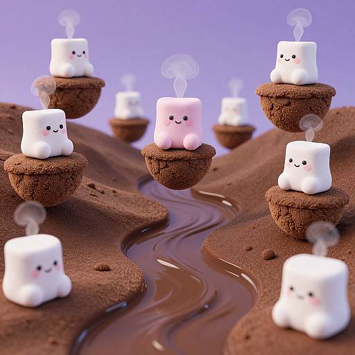 Cute white marshmallow toasts with blushing faces and steam, sitting on chocolate muffins, arranged on a chocolatey landscape with a winding river
