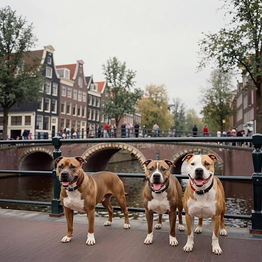 Three American Pit Bull Terriers on Amsterdam Canal Bridge