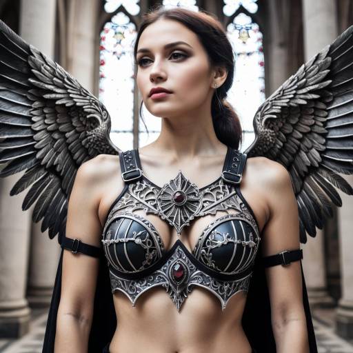 Warrior Woman with Black Wings in Gothic Armor