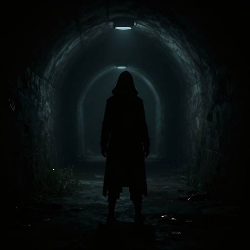Silhouetted figure in hooded coat stands in dark, blue-lit, arched tunnel, creating a mysterious, eerie atmosphere. Photograph.
