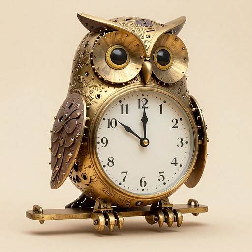 Steampunk-style, brass owl clock with intricate patterns, large round eyes, and detailed wings, standing on a brass base, displaying a white face