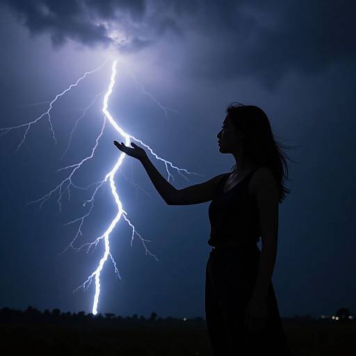 Silhouetted woman reaches out to bright, jagged lightning bolt against dark, stormy night sky, creating dramatic contrast and powerful visual impact.