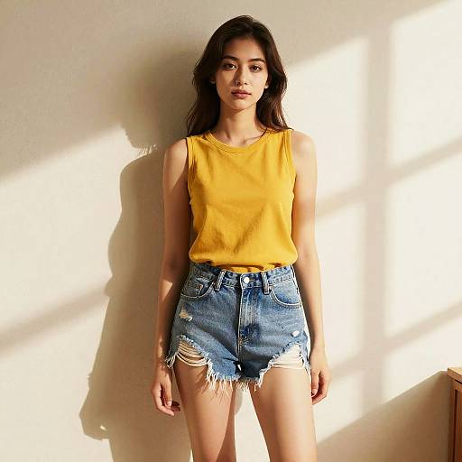 Photograph of a young woman with long dark hair, wearing a yellow sleeveless top and distressed blue denim shorts, standing against a sunlit white wall