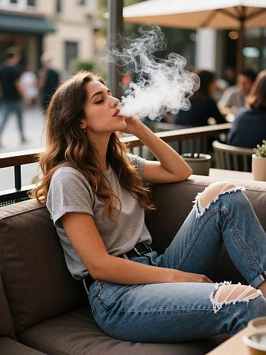 Cozy Terrace: Woman Smoking Shisha