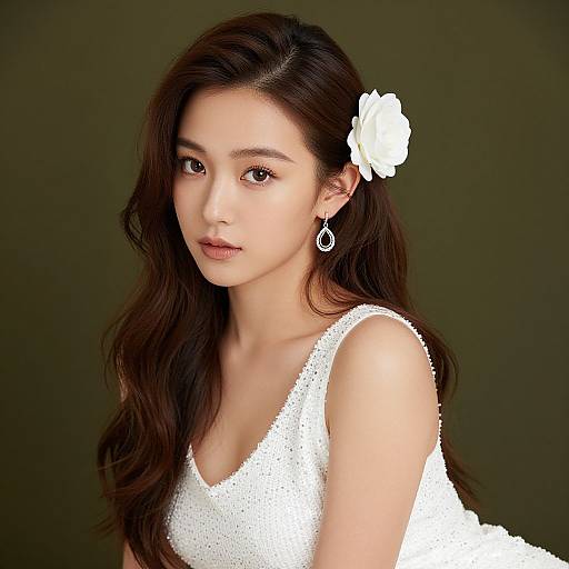 Photograph of an East Asian woman with long, wavy brown hair, wearing a white floral hairpin, white sleeveless dress, and teard