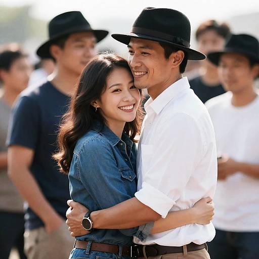 Photograph of smiling Asian couple hugging; woman in denim shirt, man in white shirt and black hat; blurred crowd in background.
