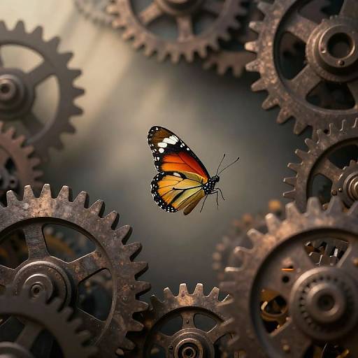 Photograph of a vibrant orange and black butterfly with white spots, hovering among intricate, metallic brown gears, creating a steampunk-inspired scene.