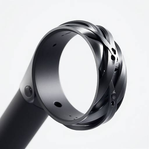 Close-up photograph of a sleek, metallic, cylindrical ring with a central white hole, featuring black and silver highlights against a white background.