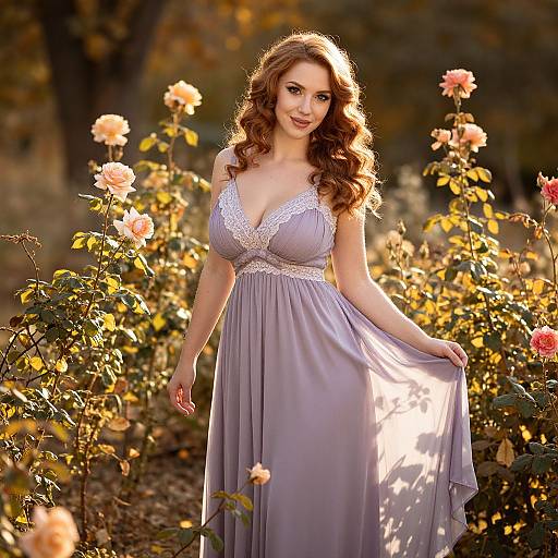 Photograph of a fair-skinned, curly-haired woman with a curvy figure, wearing a lavender lace-trimmed dress, standing among blooming