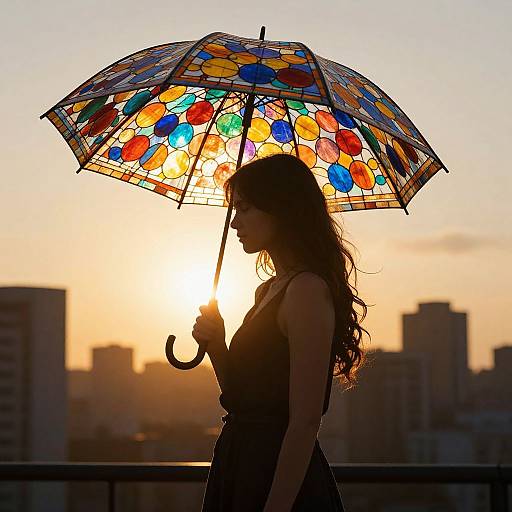 Silhouetted woman with long hair holding a colorful stained-glass umbrella against a sunset cityscape. Sunlight highlights her profile. Photograph.