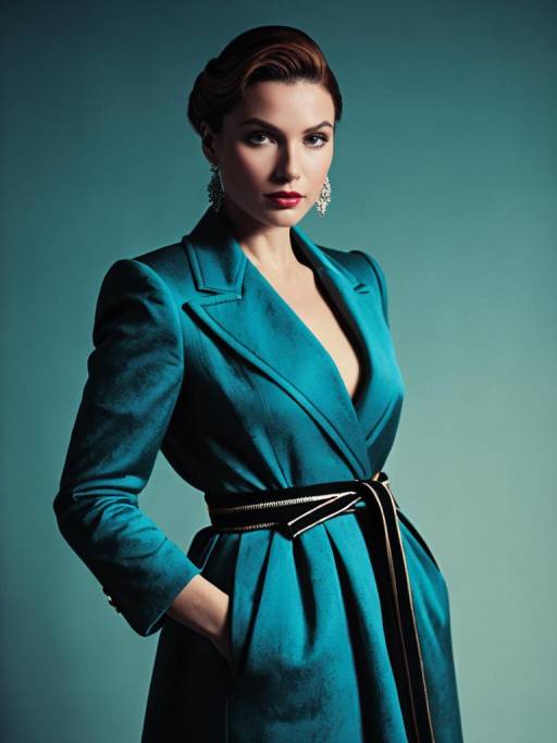 Woman in Elegant Teal Designer Coat