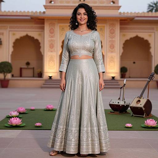 Photograph of a smiling South Asian woman with dark curly hair, wearing a silver embroidered crop top and long skirt, standing in an ornate, traditional