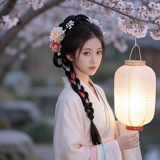 Asian woman with black braided hair, white kimono, and floral hairpins, holding a glowing lantern under cherry blossoms at night. Photoreal