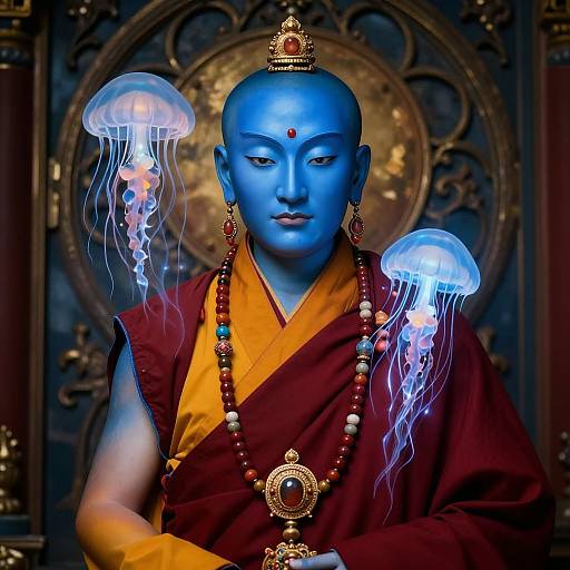 Photograph of a blue-painted Buddha statue wearing maroon and yellow robes, adorned with jewelry, surrounded by glowing jellyfish, against an ornate