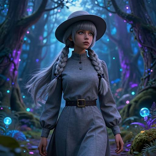 Mystical Forest Stroll with Grey-Haired Girl