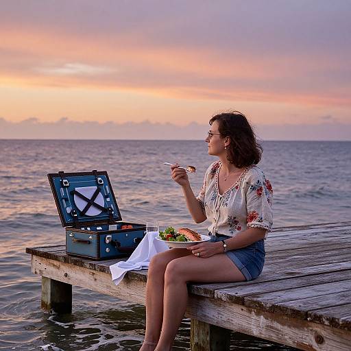 Photograph of a woman with wavy brown hair, wearing a white floral blouse and denim shorts, sitting on a wooden pier at sunset, eating from