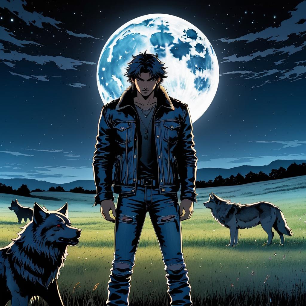 Brooding Werewolf in Moonlit Meadow