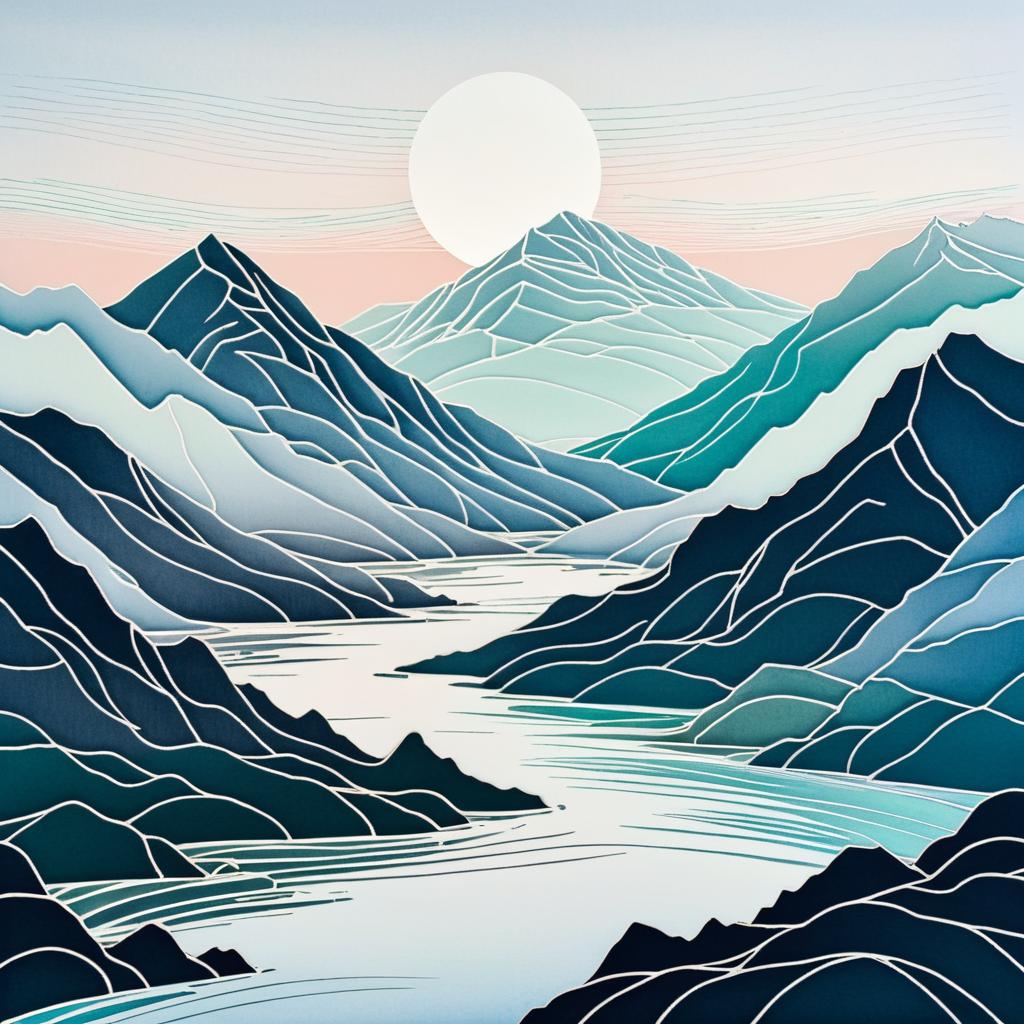 Ethereal Mountain Range Linocut Art