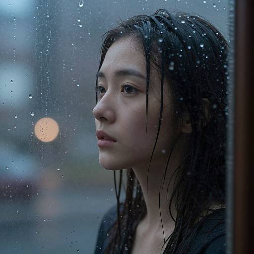 Photograph of a wet-haired Asian woman with pale skin, gazing out a rain-streaked window, background blurred with city lights.