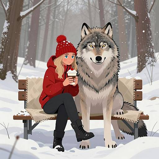 Serene Winter Scene with Woman and Wolf