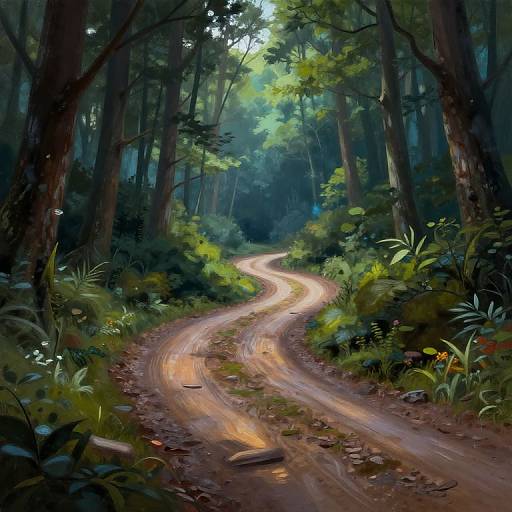 Digital painting of a winding dirt path through a dense, lush forest with tall trees, vibrant green foliage, and dappled sunlight.