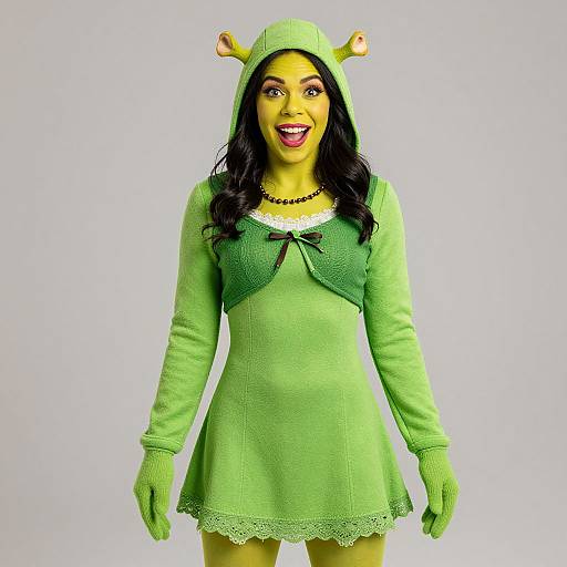 Photograph of a smiling woman in a green frog costume with hood, long sleeves, dress, gloves, and frog ears, against a plain white background
