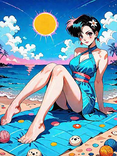 Anime Girl on Beach Towel at Sunset