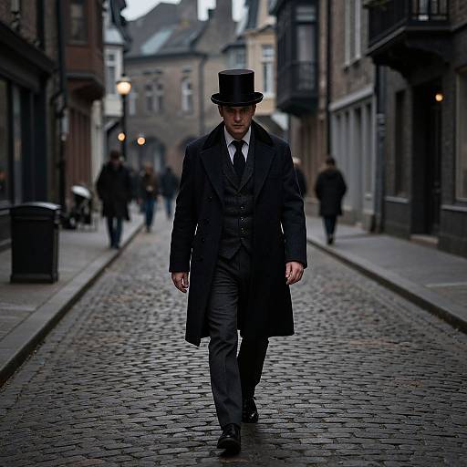 Photograph of a man in a black Victorian-style suit, top hat, and long coat walking down a cobblestone street at dusk. Blurred