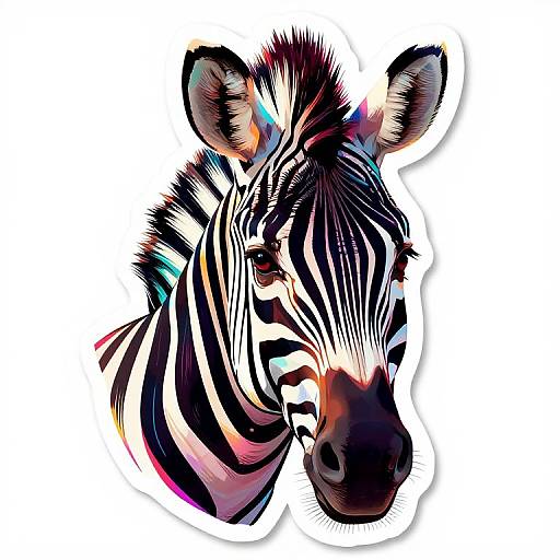 Digital drawing of a zebra's head with vibrant, multicolored stripes and abstract patterns on a white background. Bold, expressive style.