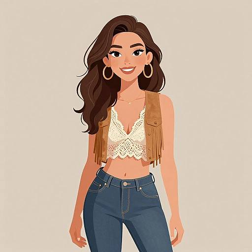Digital illustration of a smiling woman with long brown hair, wearing a white lace crop top, brown fringe vest, and blue jeans.